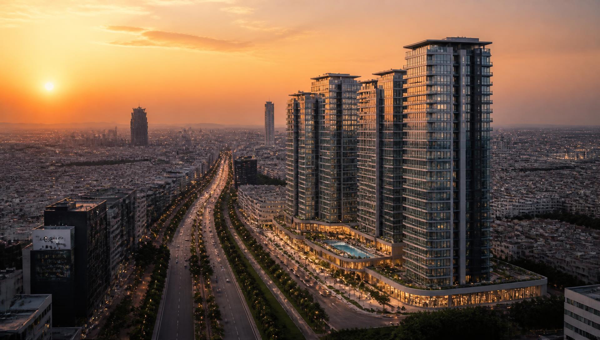 Aerial view of the Erbil skyline at sunset with new luxury residential towers