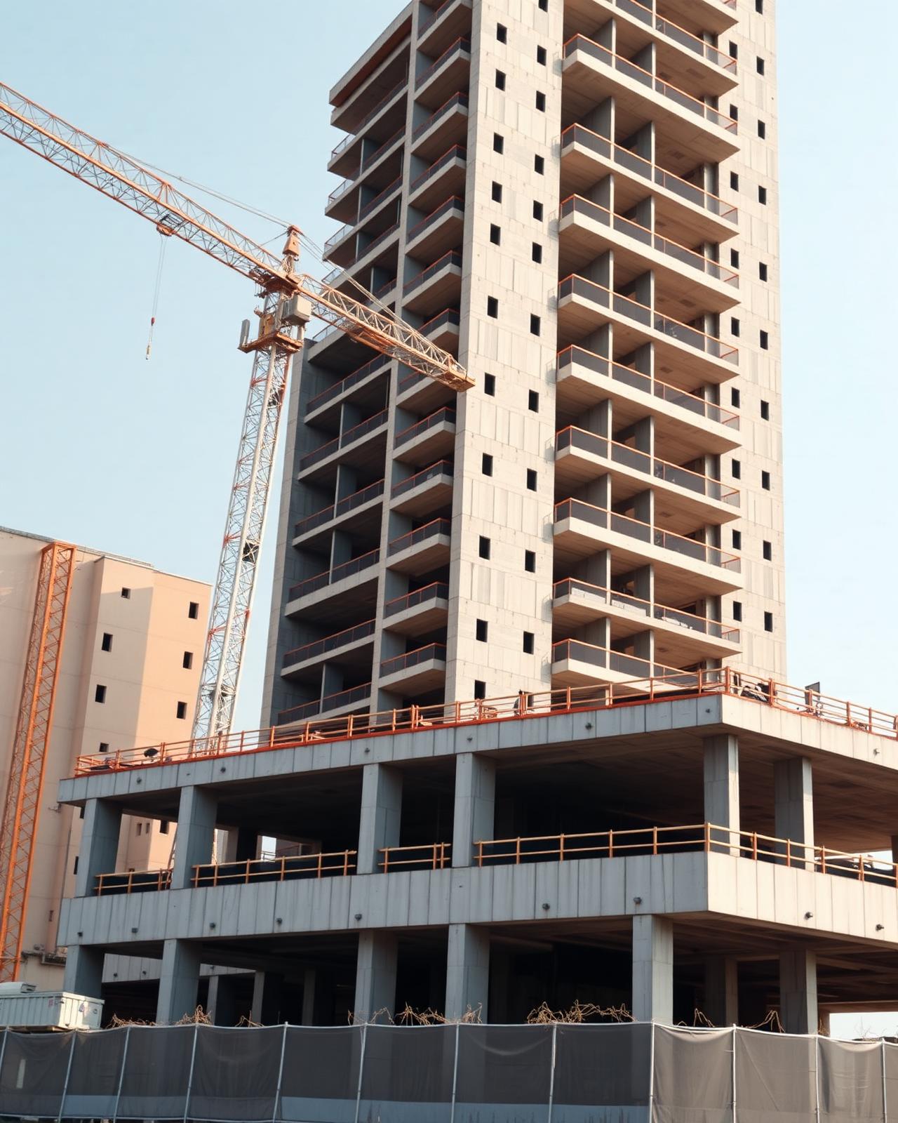 Contemporary high-rise under construction with a tower crane