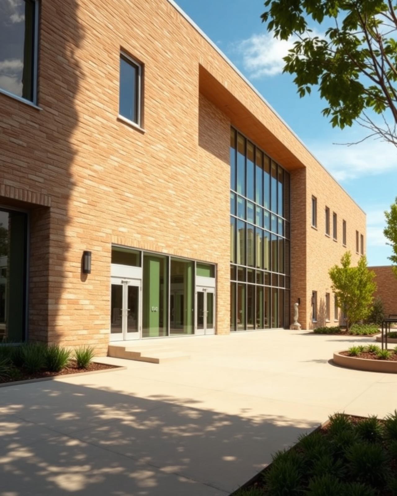 Modern international school building with landscaped courtyard