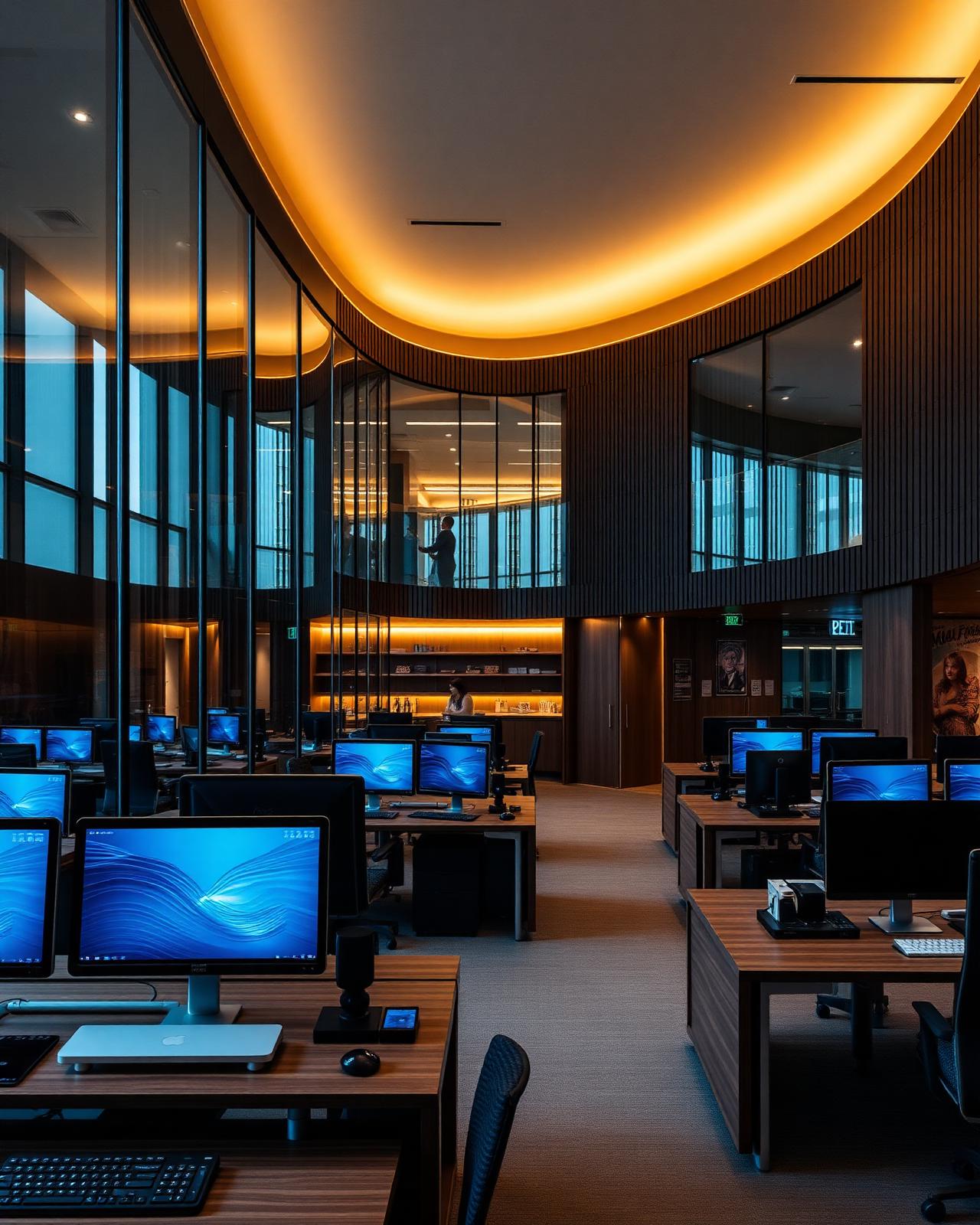 Contemporary technology office interior with warm lighting
