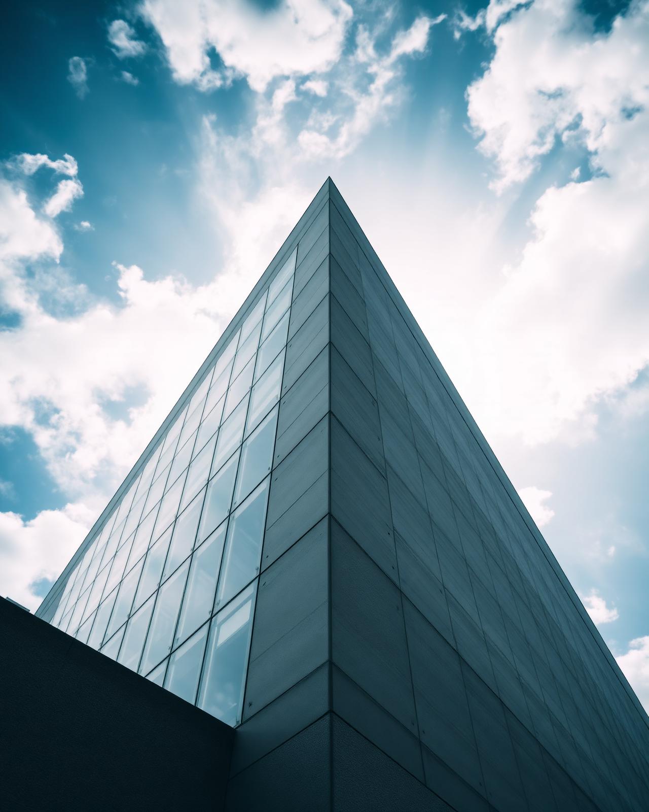 Monumental concrete and glass facade rising against the sky